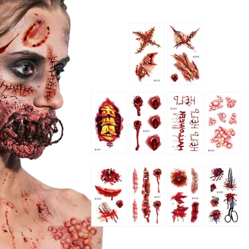 Poupangke Temporärer Gesichtsaufkleber, Halloween-Make-up-Set | Kreativer lustiger Gesichts-Make-up-Aufkleber - Gefälschte Narben-Halloween-Streich-Make-up-Aufkleber, 10 Stück lustige von Poupangke