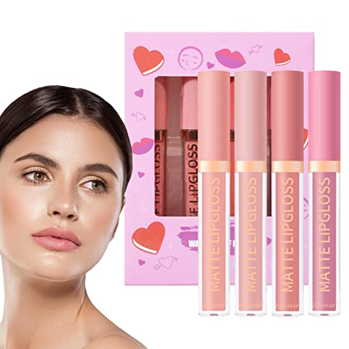 Flüssiges Lippenstift-Set - 4-farbiges feuchtigkeitsspendendes Lipgloss-Lippenstift-Set für Damen - Langlebiges Farb-Lipgloss-Set, feuchtigkeitsspendender Lipgloss, flüssiger Lippenstift für Povanjer von Povanjer