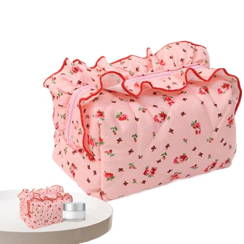 Gepolsterte Kosmetiktasche, gesteppt, Handtasche mit Reißverschluss, Blumenmuster, eleganter Make-up-Organizer, Make-up-Tasche, Rosa, Se référer au descriptif, Siehe Beschreibung von Povanjer