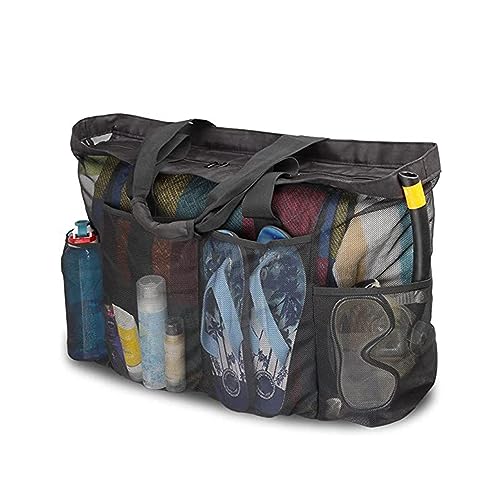 Povanjer Mesh-Pooltasche mit Reißverschluss,Übergroße Strandtasche - Leichte Strandtasche, große Strandtuchtasche mit 8 Taschen, Nylon-Mesh-Außentasche mit Reißverschluss für Ihren Strandausflug von Povanjer