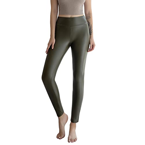 Kunstleder-Leggings für Damen, hohe Taille, dehnbar, hebt den Po an, mit Fleece gefüttert, Grün , XX-Large von Powder Queen