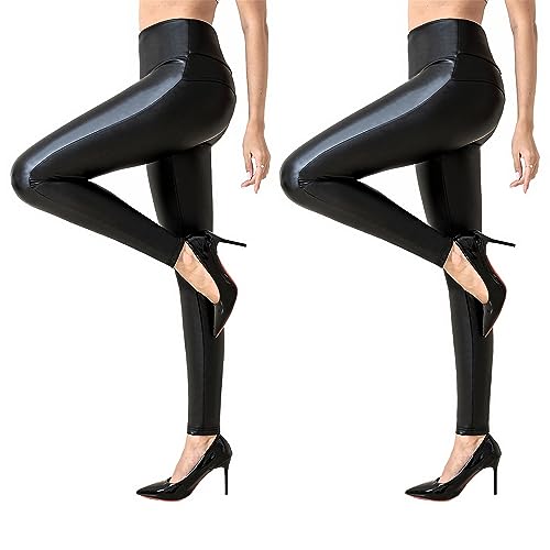 Powder Queen Damen Kunstleder Leggings Lederhose High Waist Leggings Hose Strumpfhosen Treggins Leggins Kunstleder Leggings Leder Look hüfthoch Thermal Kunstleder Winter 2 Paar von Powder Queen