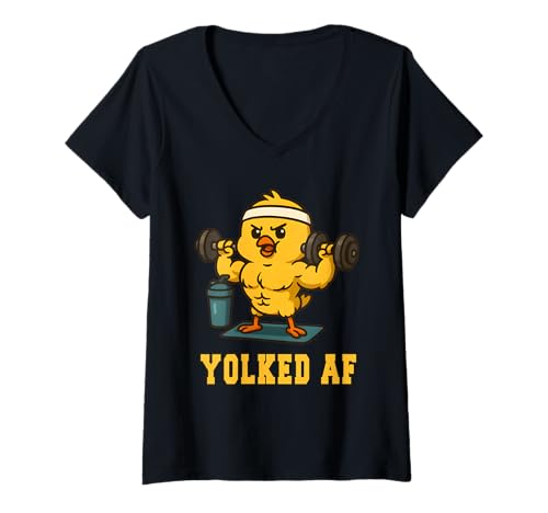 Damen Lustige Cartoon-Henne hebt Gewichte T-Shirt mit V-Ausschnitt Damen Lustige Cartoon-Henne hebt Gewichte T-Shirt mit V-Ausschnitt von Power Chick Gym Workout Chicken