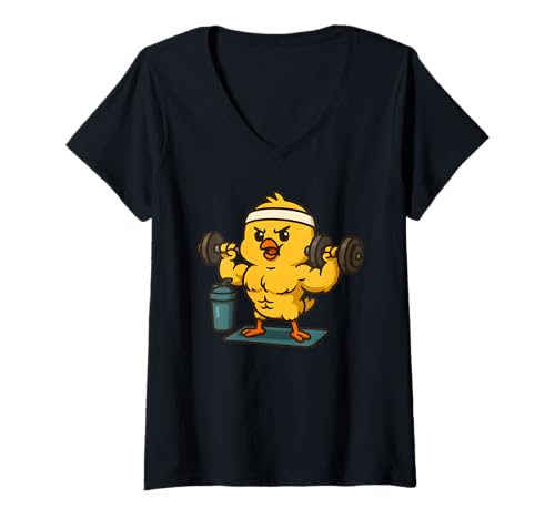 Damen Lustiges Cartoon-Küken, Gewichtheben, Fitnessstudio, Humor T-Shirt mit V-Ausschnitt Damen Lustiges Cartoon-Küken, Gewichtheben, Fitnessstudio, Humor T-Shirt mit V-Ausschnitt von Power Chick Gym Workout Chicken