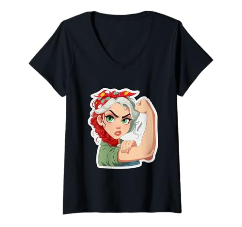 Damen Starke Frau mit rotem Kopftuch T-Shirt mit V-Ausschnitt von Power Portraits