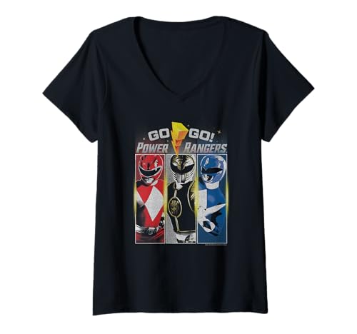Damen Power Rangers Panel Group Shot Distressed Poster T-Shirt mit V-Ausschnitt von Power Rangers