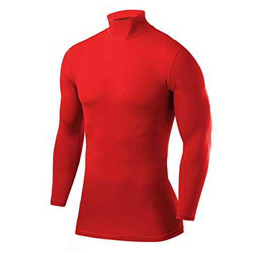 PowerLayer Herren Kompression Basisschicht Oberteil mit Langen Ärmeln und Mock Neck Ausschnitt - Rot, XXL von PowerLayer