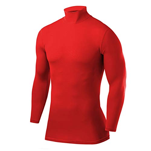 PowerLayer Kompressionsshirt Herren - Compression Shirt Funktionssshirt Langarm - Laufshirt Herren - Mock Neck Sportshirt - Longsleeve Oberteil Unterziehshirt - Rot, XXL von PowerLayer