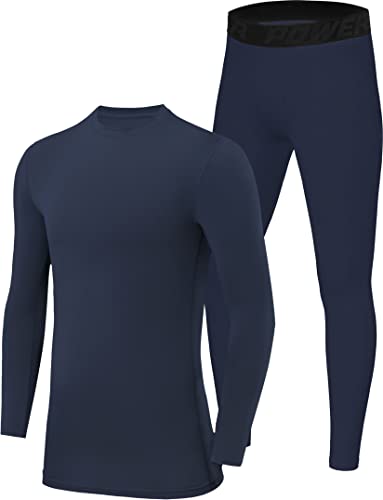 PowerLayer Jungen Performance Kompressions Set - Langarm Thermo Shirt & Leggings - Dunkelblau + Dunkelblau, 10-12 Jahre von PowerLayer