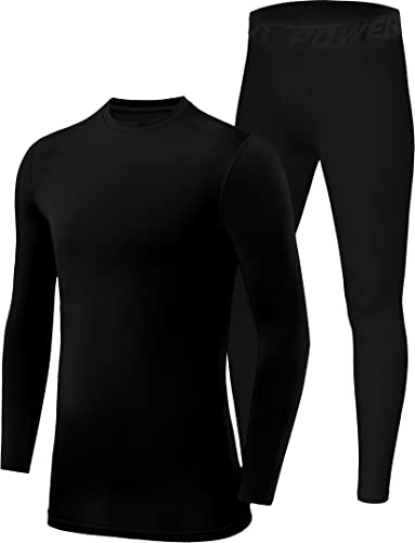 PowerLayer Jungen Performance Kompressions Set - Langarm Thermo Shirt & Leggings - Schwarz + Schwarz, 8-10 Jahre von PowerLayer