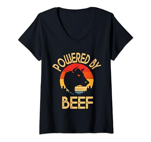 Damen Powered by Beef Carnivore Meat Eater Smoking Barbecue T-Shirt mit V-Ausschnitt von Powered By Beef Carnivore Meat Eater Smoking BBQ