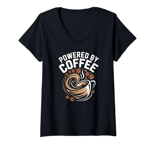 Damen Powered by Coffee Morning Coffein-Liebhaber Energy Boost T-Shirt mit V-Ausschnitt von Powered By Coffee Caffeine Lover Morning Energy