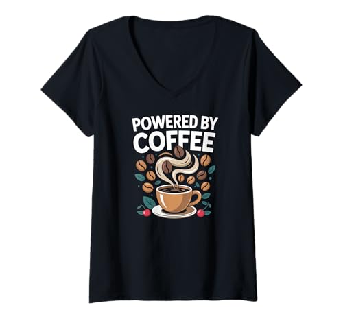 Damen Angetrieben durch Kaffeetasse mit Kaffeebohnen und Dampf T-Shirt mit V-Ausschnitt von Powered By Coffee Coffee Beans Energy Cup