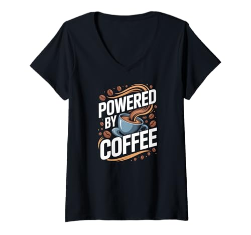 Damen Powered by Coffee Coffee Cup Coffee Beans Energy Boost T-Shirt mit V-Ausschnitt Damen Powered by Coffee Coffee Cup Coffee Beans Energy Boost T-Shirt mit V-Ausschnitt von Powered By Coffee Coffee Cup Coffee Beans Morning