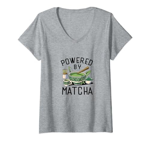 Damen Angetrieben von Matcha T-Shirt mit V-Ausschnitt von Powered By Matcha
