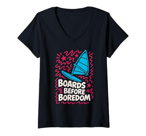 Damen Eat Sleep Windsurf Repeat Board Addict Tribe Emblem im Retro-Look T-Shirt mit V-Ausschnitt Damen Eat Sleep Windsurf Repeat Board Addict Tribe Emblem im Retro-Look T-Shirt mit V-Ausschnitt von Powered by Wind Surf Crew Extreme Sailboard Tribe