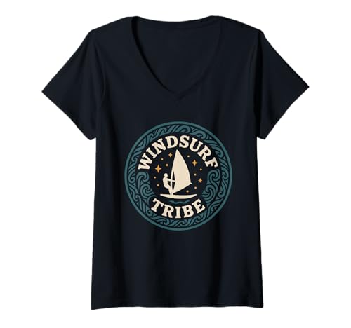 Damen Eat Sleep Windsurf Repeat Board Addict Tribe Emblem im Retro-Look T-Shirt mit V-Ausschnitt Damen Eat Sleep Windsurf Repeat Board Addict Tribe Emblem im Retro-Look T-Shirt mit V-Ausschnitt von Powered by Wind Surf Crew Extreme Sailboard Tribe
