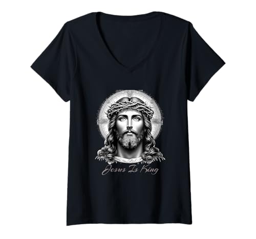 Damen Jesus is King – Powerful Christian Art Design with Jesus T-Shirt mit V-Ausschnitt Damen Jesus is King – Powerful Christian Art Design with Jesus T-Shirt mit V-Ausschnitt von Powerful Christian Art Design with Jesus