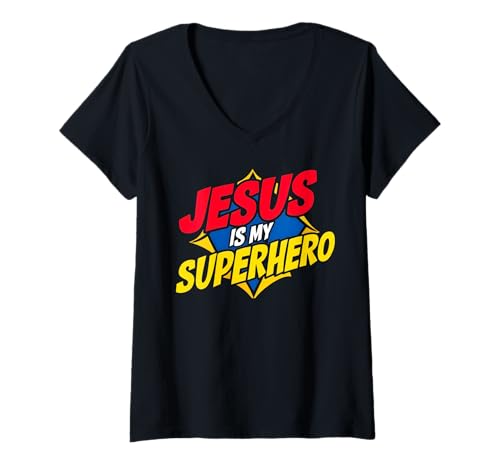 Damen Jesus ist Mein Superheld Christlicher Gott Religiöser Comic für Kinder und Jungen T-Shirt mit V-Ausschnitt Damen Jesus ist Mein Superheld Christlicher Gott Religiöser Comic für Kinder und Jungen T-Shirt mit V-Ausschnitt von Powerful Christian Faith God Family Matching Gifts