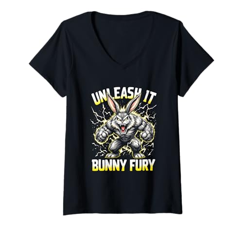 Damen Fitness Bunny Power Titan UNLEASH IT BUNNY FURY Lustiges Kaninchen T-Shirt mit V-Ausschnitt Damen Fitness Bunny Power Titan UNLEASH IT BUNNY FURY Lustiges Kaninchen T-Shirt mit V-Ausschnitt von Powerful Creature Training Gym Workout Lovers Tees