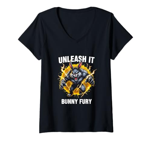 Damen Fitness Bunny Power Titan UNLEASH IT BUNNY FURY Lustiges Kaninchen T-Shirt mit V-Ausschnitt Damen Fitness Bunny Power Titan UNLEASH IT BUNNY FURY Lustiges Kaninchen T-Shirt mit V-Ausschnitt von Powerful Creature Training Gym Workout Lovers Tees