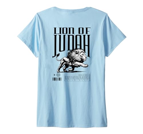 Damen Backprint mit christlichem Grafikdesign, Motiv „Löwe von Juda“, mutig im Glauben T-Shirt mit V-Ausschnitt von Powerful Lion of Judah Revelation 5:5 Bible Verse