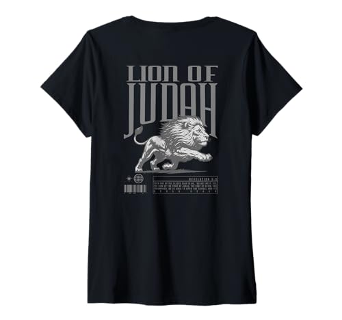 Damen Löwe von Juda Christian Graphic Bold Faith Design Löwe Kunst T-Shirt mit V-Ausschnitt von Powerful Lion of Judah Revelation 5:5 Bible Verse