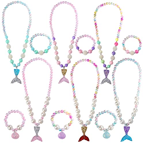 powerking Mädchen Halskette und Armband, 6er Set Perlen Schmuck für Mädchen und Kinder Halskette und Armband Set mit Herzanhänger für Anzieh Rollenspiel Mitbringsel (6 Jewelry Set Mermaid New) von powerking