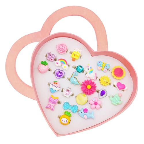 powerking Mädchen Ringe, Verstellbare Schmuckringe Set and Play Dress Up Ringe für Kinder und kleine Mädchen, Meerjungfrau/Schmetterling/Blume Ringe (24 pcs lovely) von powerking