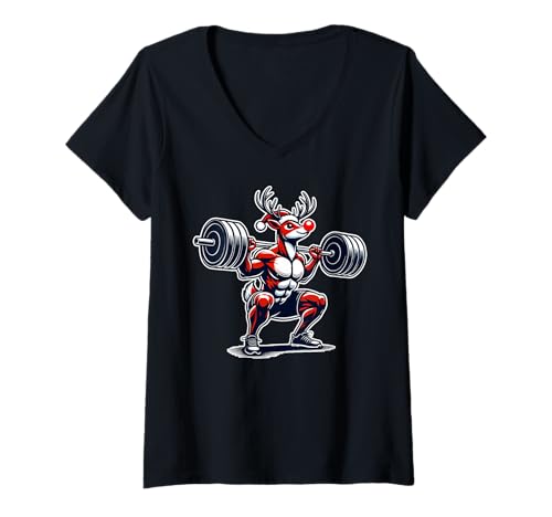 Damen Christmas Gym Rentier Powerlifting T-Shirt mit V-Ausschnitt von Powerlifter Christmas Bodybuilding Squat