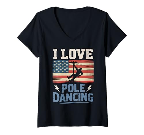 Damen Pole Dancing Lustige Lineman Elektriker Amerikanische Flagge T-Shirt mit V-Ausschnitt Damen Pole Dancing Lustige Lineman Elektriker Amerikanische Flagge T-Shirt mit V-Ausschnitt von Powerline Worker Electrician Humor