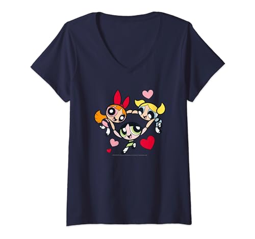 Damen Powerpuff Girls Hearts Circle T-Shirt mit V-Ausschnitt von Powerpuff Girls