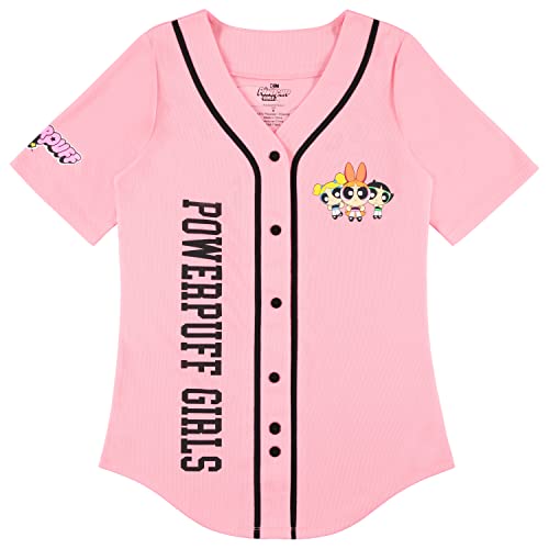 PowerPuff Girls Damen-Baseballtrikot – Powerpuff-Mesh Button-Down-Baseballtrikot – Blüten und Buttercup Shirt, Pink, Mittel von PowerPuff Girls