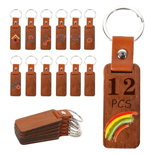 Powerruif 12 Stück Holz Schlüsselanhänger Rohlinge Personalisiert, Anhänger Mit Schlüsselring, Für Lasergravur, DIY Verschiedene Personalisierte Anhänger von Powerruif