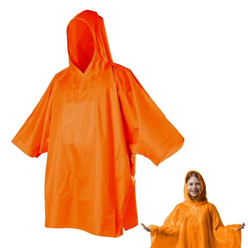 wiederverwendbarer Regenponcho, ultraleicht, 70 g, Regencape mit Kapuze, wasserdicht, winddicht, für Männer und Frauen und kinder, Wandern, Reisen, Camping, Angeln, Trekking (kinder, orange) von Powersell