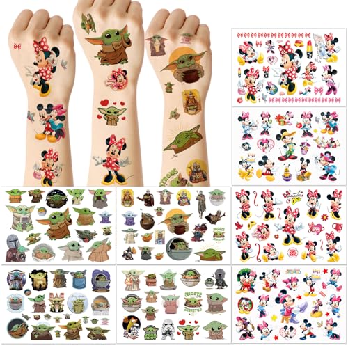 Tattoo für Kinder, 8 Blätter Mickey und Yoda Temporäre Kindertattoos Aufkleber, 180+ Stile Sticker Set für Mädchen Jungen, Geburtstagsgeschenke Kindergeburtstag Mitgebsel Festival Party Deko von Powmag