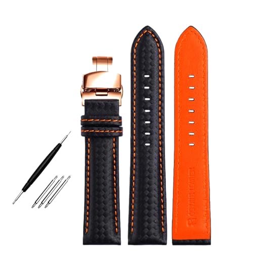 Poyuad 18 mm, 20 mm, 22 mm, 20 cm lang, Herren-Lederarmband, Carbonfasermuster und rotes Nahtband, mit Schmetterlingsschnalle,Schwarz Orange Rose,21 mm Poyuad 18 mm, 20 mm, 22 mm, 20 cm lang, Herren-Lederarmband, Carbonfasermuster und rotes Nahtband, mit Schmetterlingsschnalle,Schwarz Orange Rose,21 mm von Poyuad
