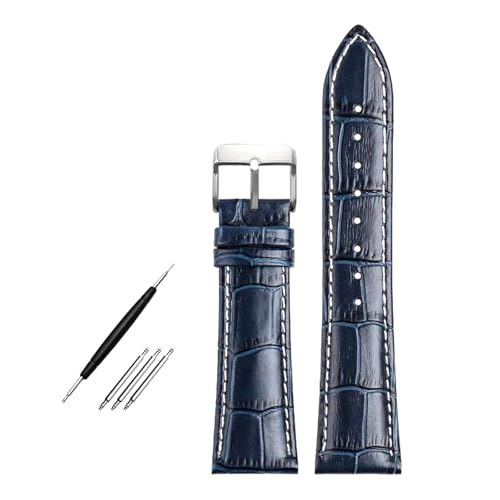 Poyuad 19 mm, 21 mm, 22 mm, 20 cm lang, Herren-Lederarmband, dunkelblau, wasserdichtes und schweißfestes Armband, austauschbares Universalzubehör,Blaue Anstecknadel Silber,19 mm von Poyuad
