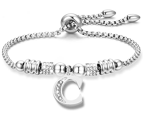 Pptabold Armband mit Buchstaben für Damen Armbänder Edelstahl verstellbare Kette mit Charm-Anhänger A-Z Buchstabe, Valentinstag Muttertag Weihnachten Geschenk für Frauen (C - Silber) von Pptabold