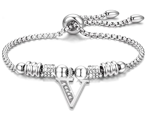 Pptabold Armband mit Buchstaben für Damen Armbänder Edelstahl verstellbare Kette mit Charm-Anhänger A-Z Buchstabe, Valentinstag Muttertag Weihnachten Geschenk für Frauen (V - Silber) von Pptabold