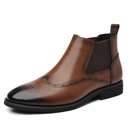 Herren Chelsea Stiefel Aus Braunem PU-Leder Mit Brogue-Details Und Flachem Absatz (Dunkelbraun, 45) von Pradize
