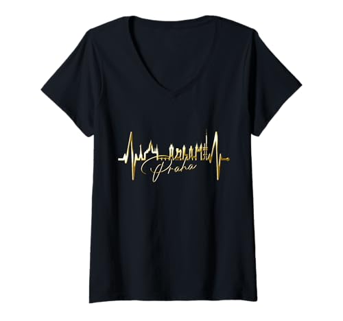 Damen Prag Skyline Herzschlag Tschechien Fans Herz I Love Praha T-Shirt mit V-Ausschnitt Damen Prag Skyline Herzschlag Tschechien Fans Herz I Love Praha T-Shirt mit V-Ausschnitt von Prager Skylines für Tschechen & Prag Fan mit Liebe