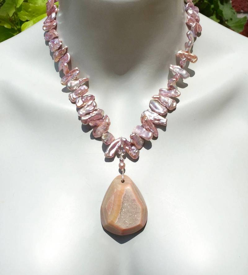 Druzy Statement Kette, Facettierter Achat Druzy, Dragon Veins Achat, Biwa Perlen, Lavendelperlen, Chunky Halskette, Boho Style 1423 von PrairieIce