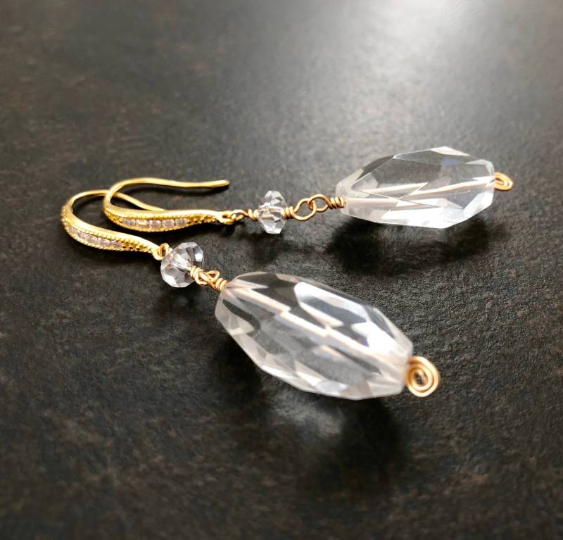 Kristall Statement Ohrringe, Naturkristall, Bergkristall, Facettierte Nuggets, Pave Cz, Funkelnde Geschenk Unter 50 1519 von PrairieIce