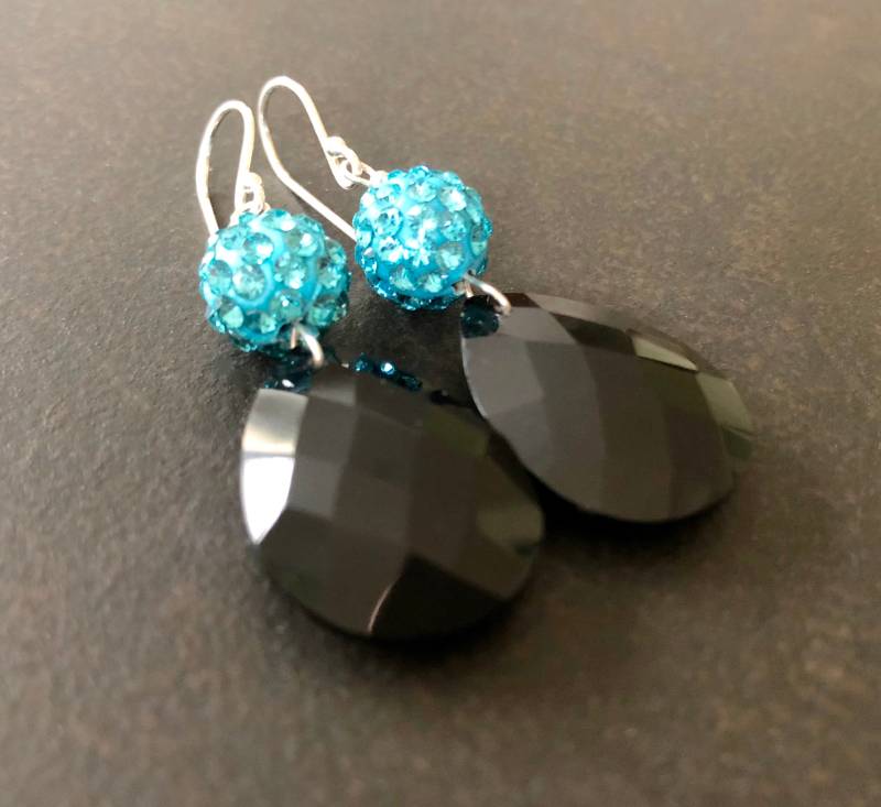 Statement Ohrringe, Schwarzer Onyx Tropfen, Facettiert Onyx, Aqua Pave Kristall, Sterling Silber, Funkelnde Geschenk Unter 50 1650 von PrairieIce