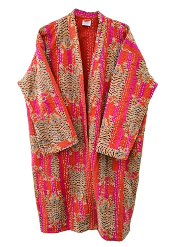 Pranipat Handicrafts Kantha-Jacke für Damen, Baumwolle, Hippie, leicht, Tiger-Druck, ethnisch, offene Vorderseite, mittellang, für Damen, Orange/Abendrot im Zickzackmuster (Sunset Chevron), von Pranipat Handicrafts