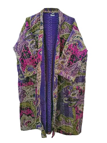 Pranipat Handicrafts Kantha Kimono, abstrakter Druck, Baumwolljacke, lila, handgefertigt, leicht, Midi-Länge von Pranipat Handicrafts