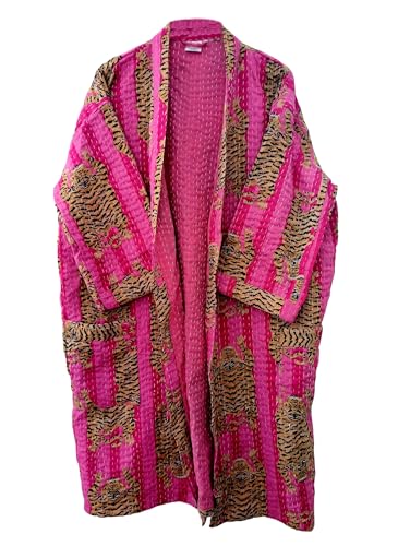 Pranipat Handicrafts Tibetische Tiger Print Hellrosa Frauen tragen Leichte Handgemachte Bequeme Kantha Kimono Vorne Offen Tragen Mittellange Baumwolle Jacke, Helles Pink, Medium von Pranipat Handicrafts