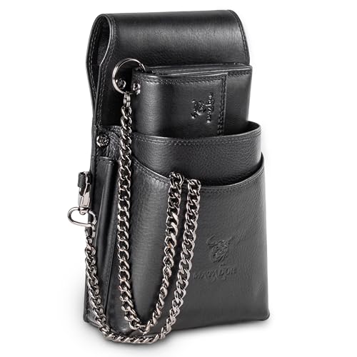 MATADOR Kellner Geldbörse Leder #VICIO inkl. XXL Kellnertasche mit Gürtel Schlaufe, Luxus Kellnerportemonnaie Leder mit edler Geschenk Box und RFID Schutz inkl. robuster Metall Kette, Schwarz Nappa von MATADOR