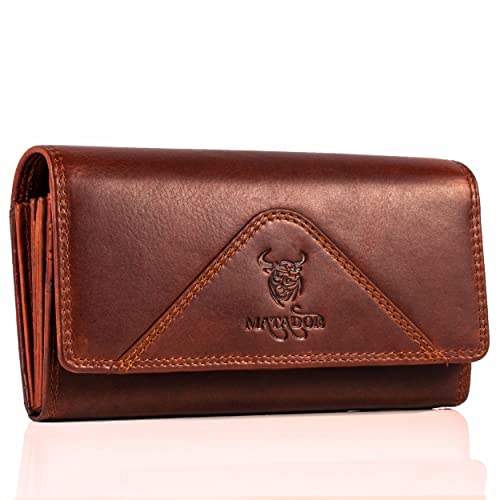 MATADOR XL Karten Portemonnaie Geldbeutel Damen Leder Groß | Portmonee Geldbörse Damen Gross mit RFID Blocker | Wallet for Woman Geldtasche Brieftasche mit Geschenk-Box|Damenportemonnaie Vintage Braun von MATADOR